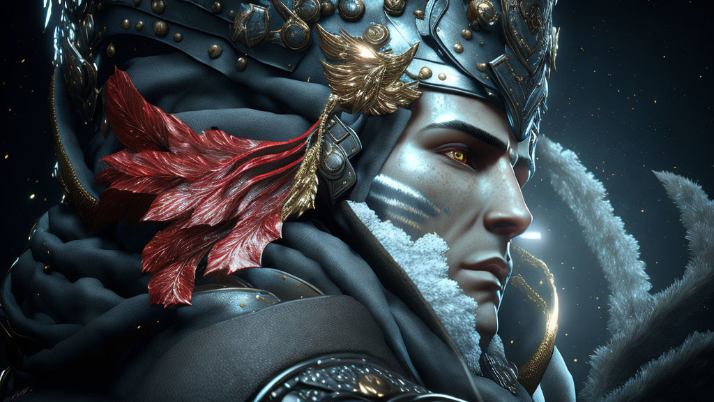 Regal figure in ornate armor with fur collar under starry sky