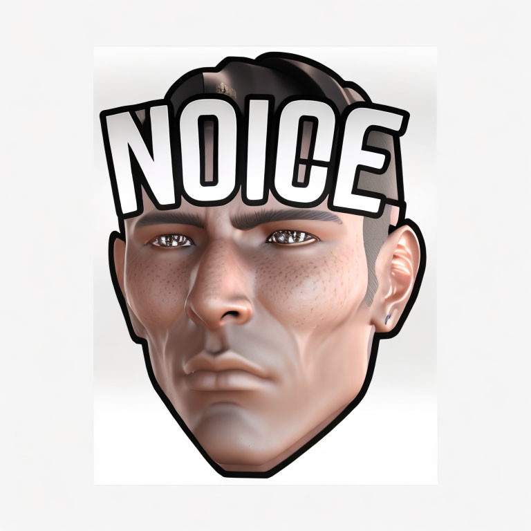 Detailed stylized graphic of man's face with "NOICE" in bold across forehead, serious expression