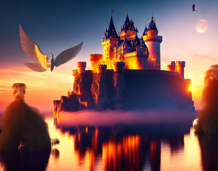 Majestic castle on cliff in fog at sunset with bird, full moon