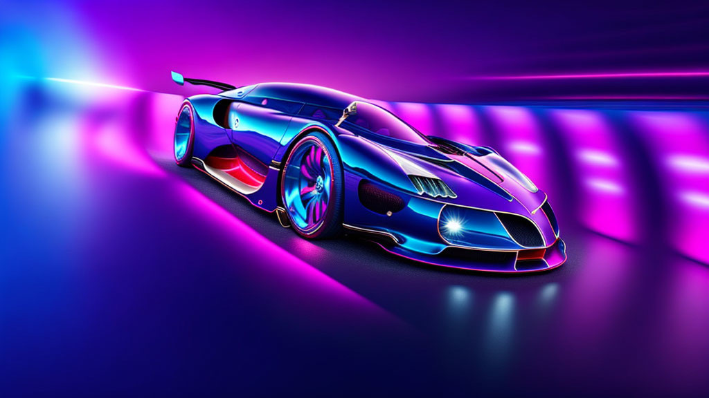 Futuristic car with reflective blue-purple paint, glowing wheels, and neon-lit tunnel.