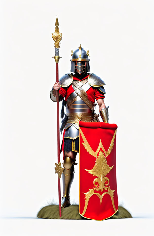 Knight in shining armor with spear and shield on grassy mound in regal attire