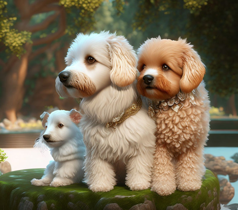 Regal fluffy dogs with golden necklaces next to tiny white puppy in serene landscape