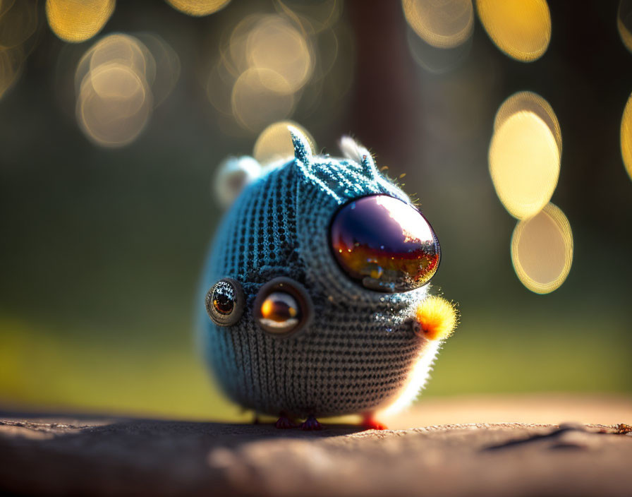 Knitted creature with shiny eyes and fuzzy accents in golden bokeh setting