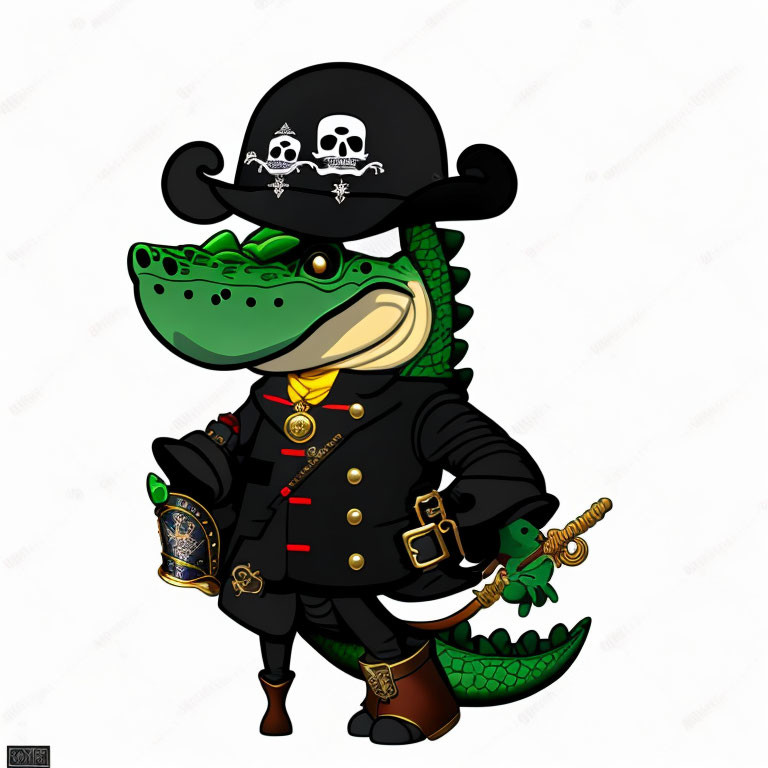 Cartoon alligator pirate with tricorne hat, sword, hook, and parrot