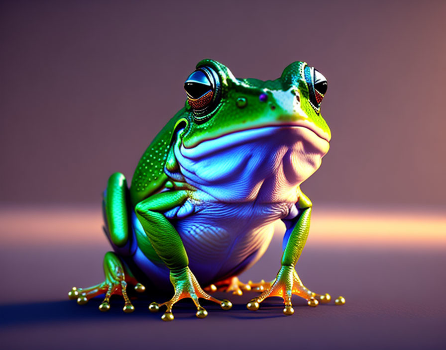 Colorful Frog with Striking Eyes on Purple Background