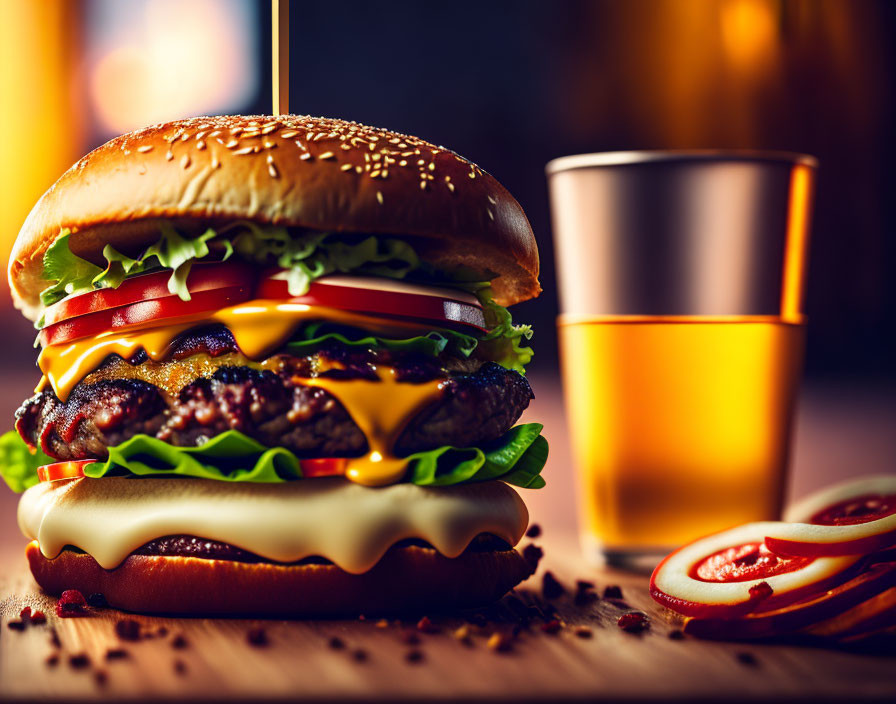 Double Cheeseburger with Lettuce and Tomato on Wooden Surface with Beverage