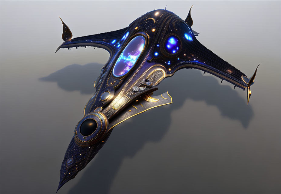 Intricate Blue and Gold Futuristic Spaceship Design