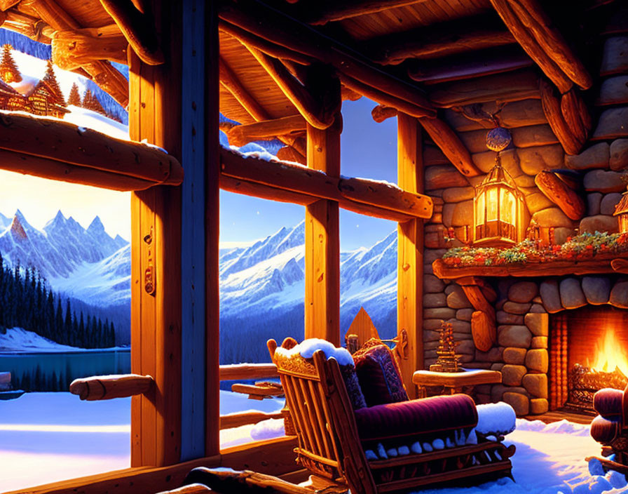 Warmly lit cabin interior with fireplace, snowy landscape view