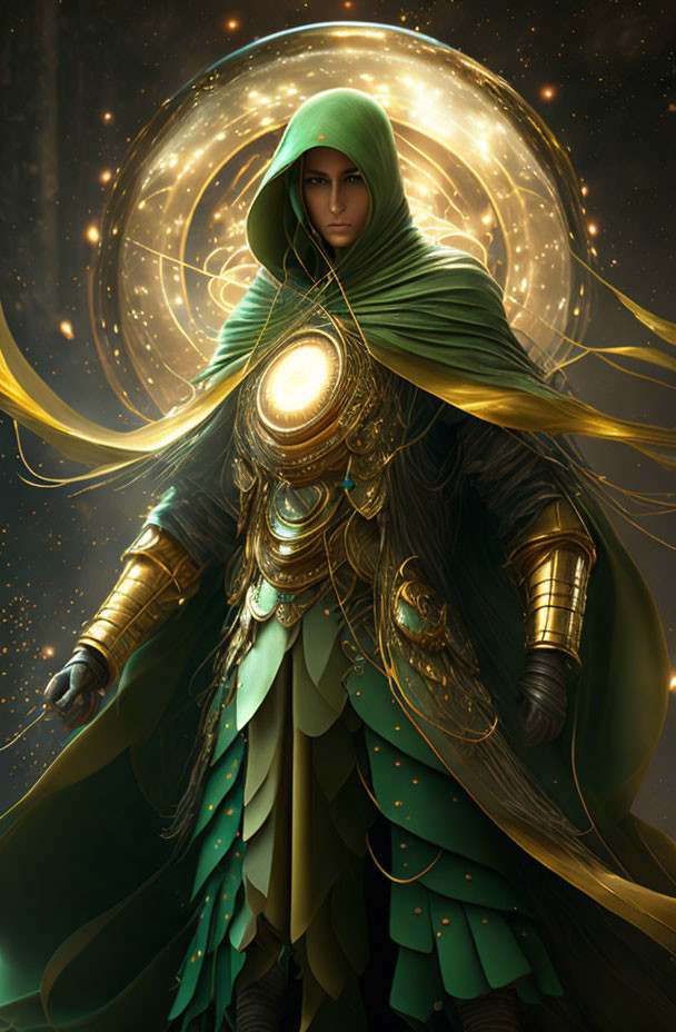 Mystical figure in green cloak with golden armor and glowing amulet in swirling golden light