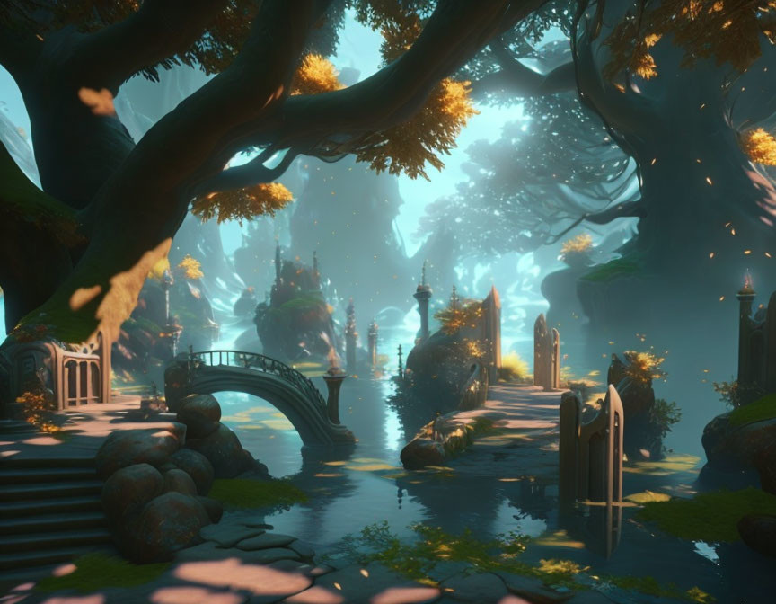 Tranquil fantasy forest with river, arched bridge, ancient ruins, and glowing golden trees