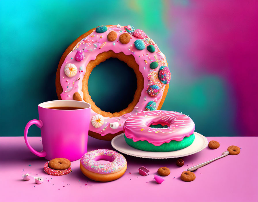 Colorful Still Life with Pink Glazed Donut and Cookies