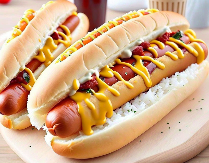 Classic Hot Dogs with Mustard, Ketchup, and Onions on Wooden Board