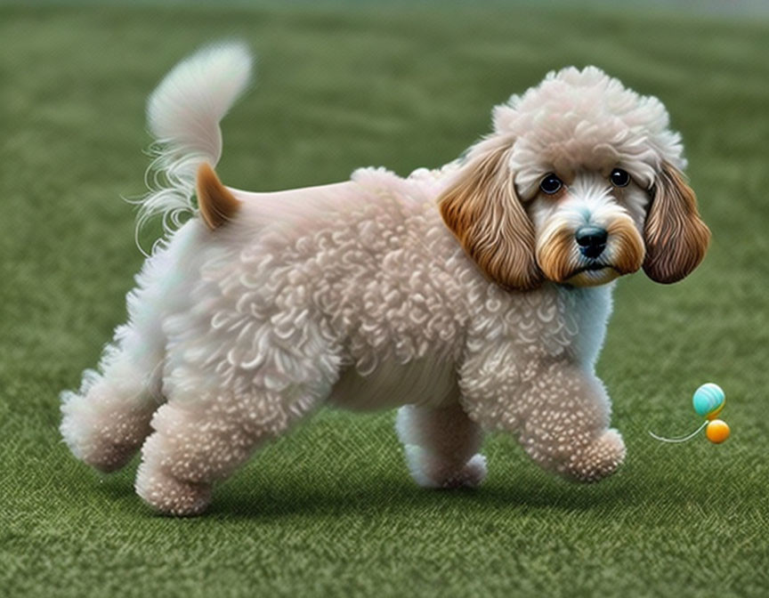 Fluffy light brown and white curly-haired dog with floppy ears on grass with toy