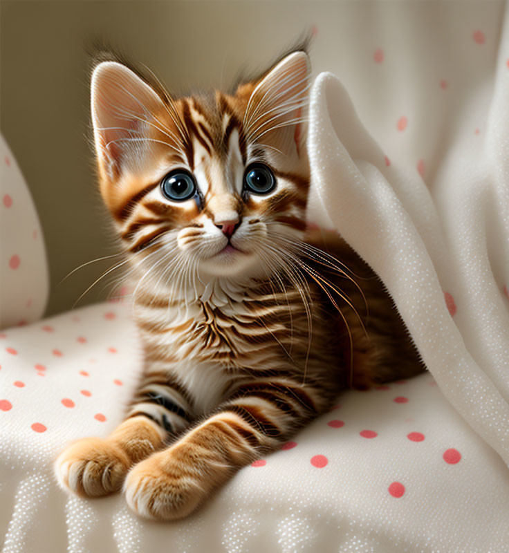 Orange Tabby Kitten with Blue Eyes and Stripes on Dotted Fabric