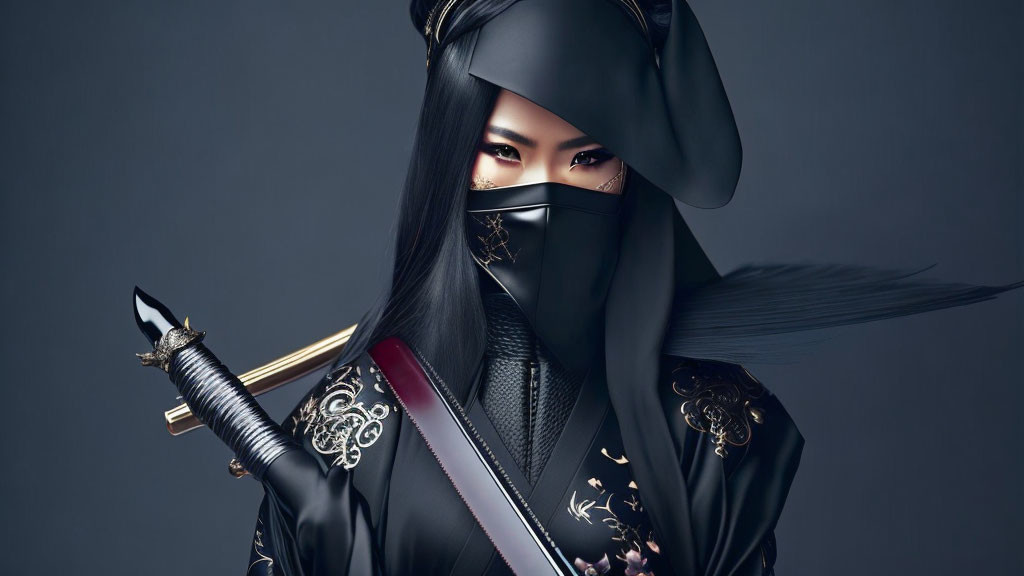 Traditional Japanese ninja in mask with katana on dark background