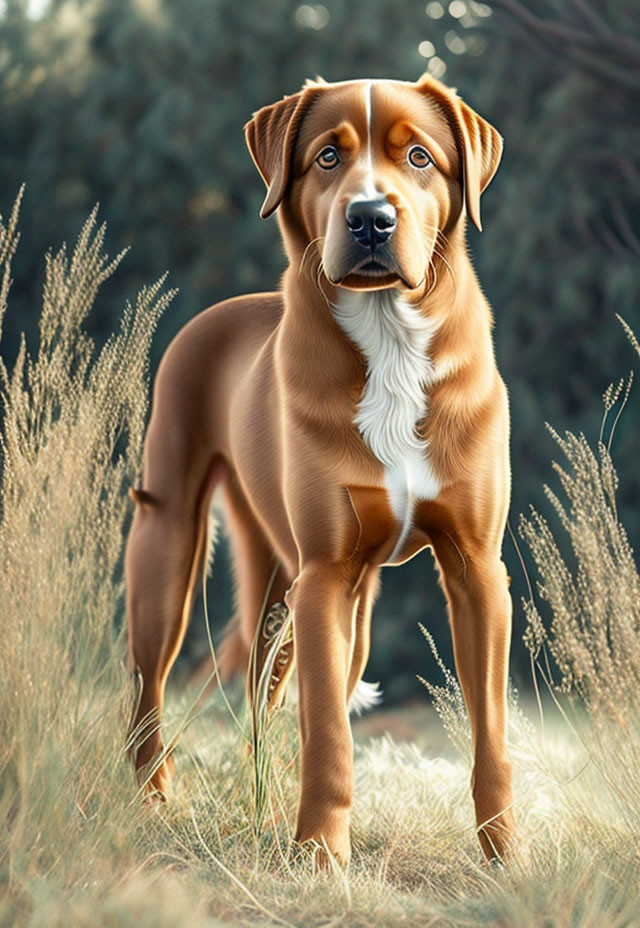 Brown Dog with Soulful Eyes Standing in Tall Grass Against Blurred Background