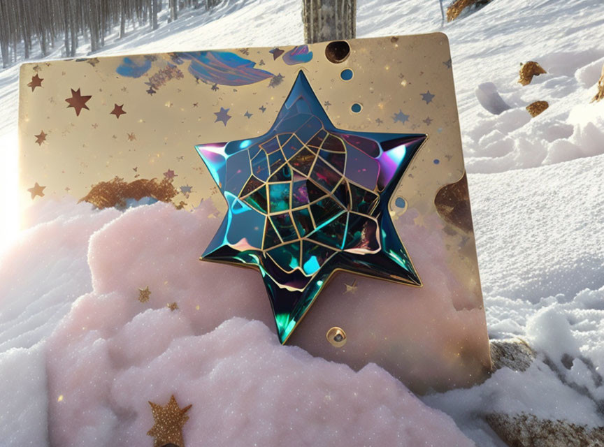 Metallic star with spiderweb pattern on pink snow next to cosmic-themed board and snowy trees