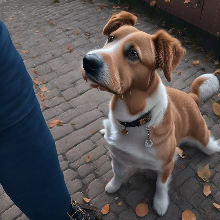 Brown and White Dog with Collar and Tag on Paved Path Covered in Leaves