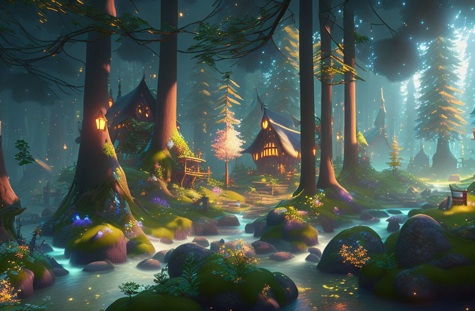 Glowing flora and whimsical houses in enchanted forest