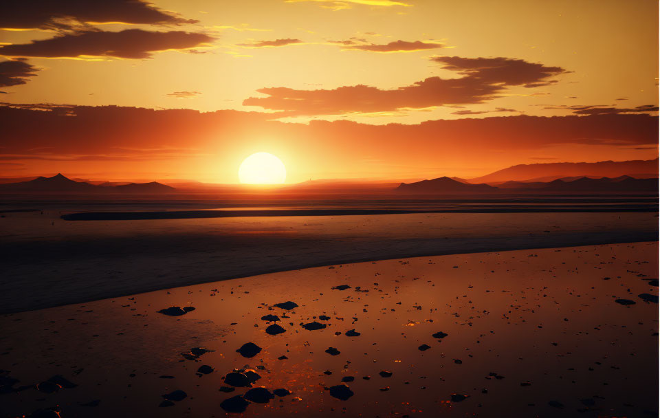 Vivid orange sunset over desert landscape with silhouetted mountains