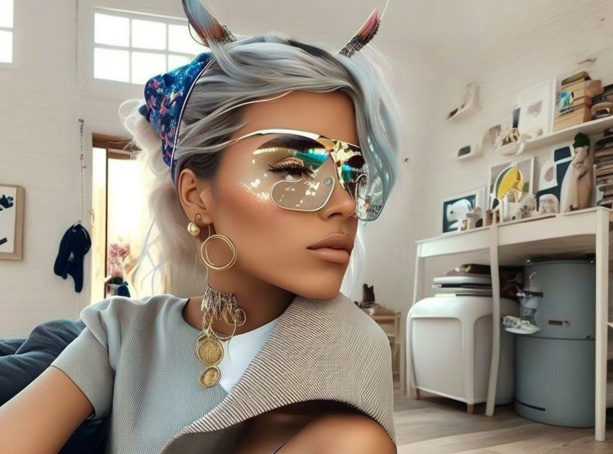 Silver-haired woman in sunglasses and horn headband artwork.