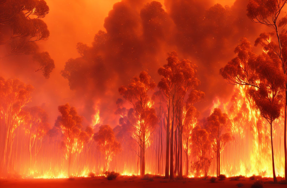 Forest wildfire at night with burning trees under red sky