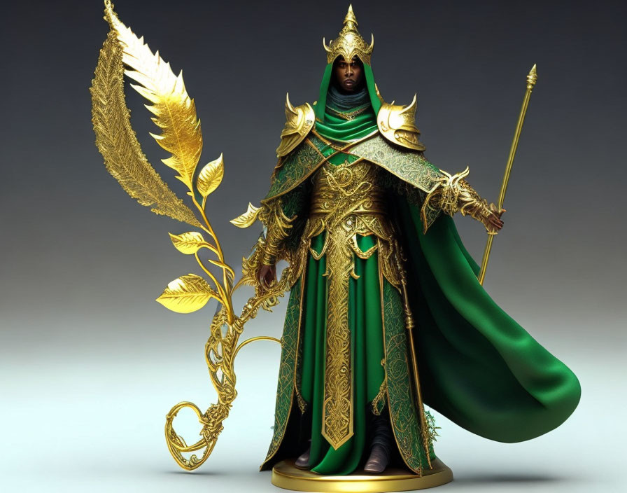 Regal figure in green and gold armor with feathered staff