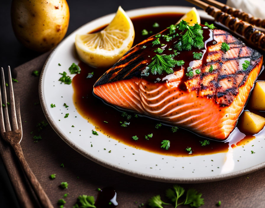 Grilled Salmon Fillet with Lemon and Herbs on White Plate