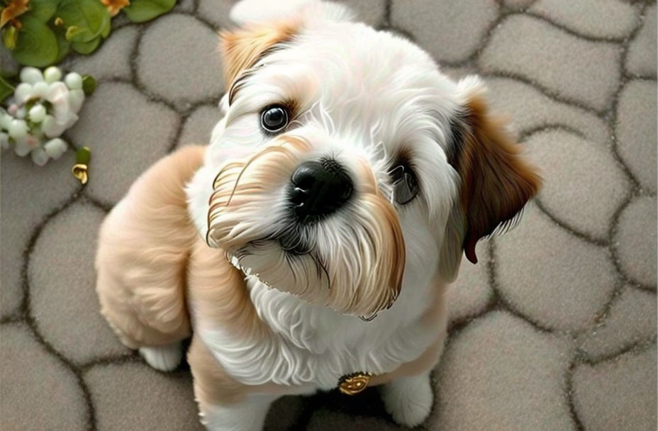 Fluffy White and Light Brown Puppy with Big Eyes on Patterned Floor