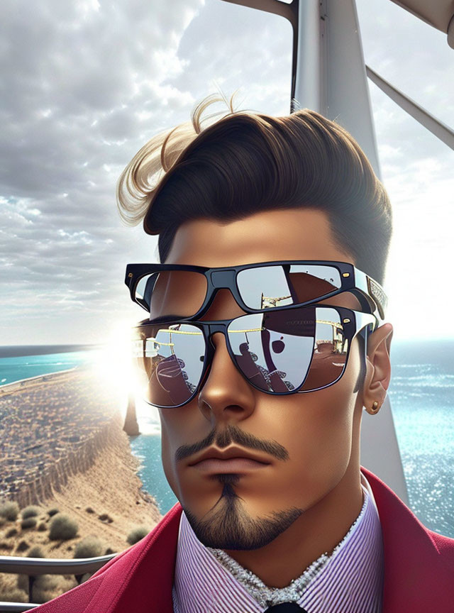 Illustrated character with sleek hair and sunglasses by coastal sunset