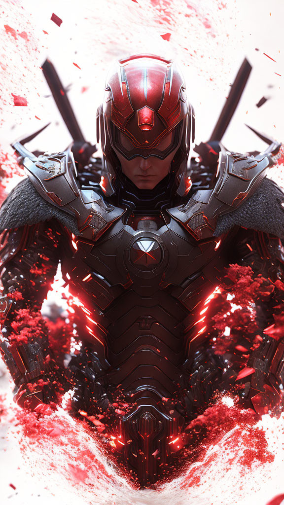 Character in Red and Black Mechanical Suit with Glowing Eyes and Red Particles