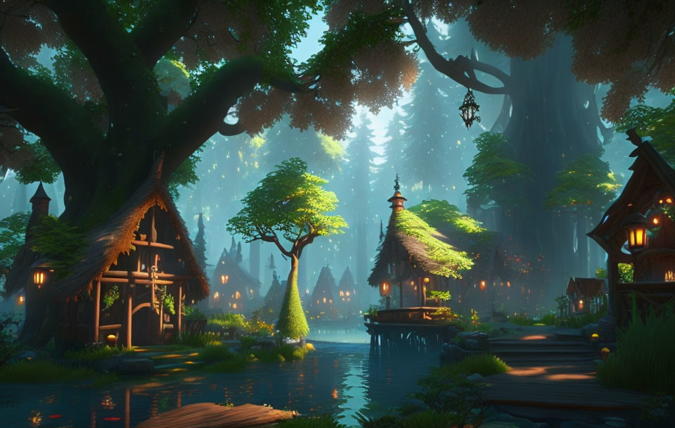 Enchanting forest scene with large trees, wooden houses, lanterns, and serene river