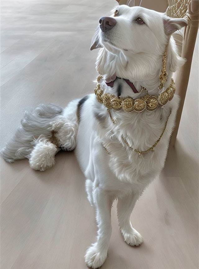 White Dog with Golden Jewelry Sitting on Wooden Floor Near Chair