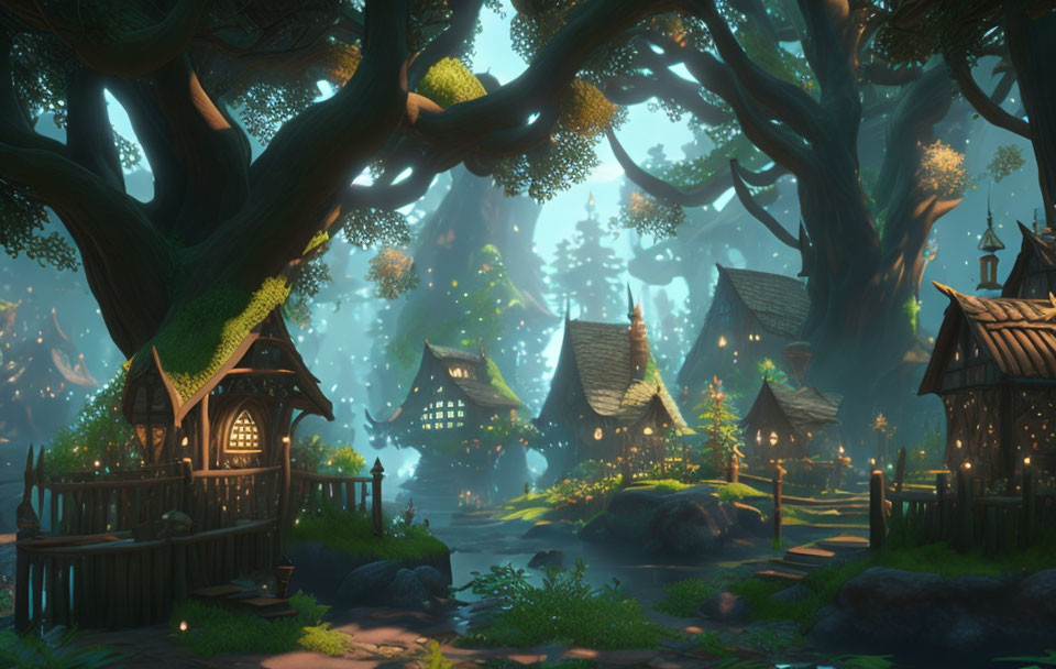 Whimsical Enchanted Forest Village with Illuminated Houses