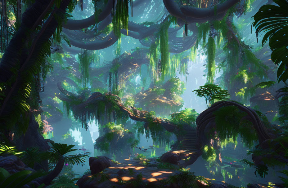 Lush forest with twisted vines and hanging moss in misty landscape