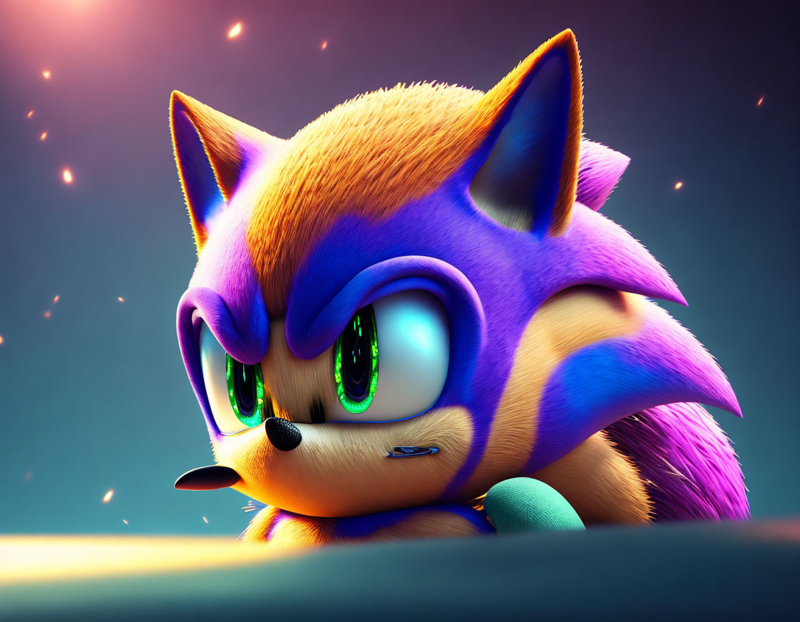 Detailed 3D rendering of intense Sonic the Hedgehog with blue and orange fur under dramatic lighting