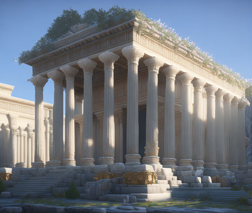 Classical Greco-Roman temple with Corinthian columns and plants under clear skies