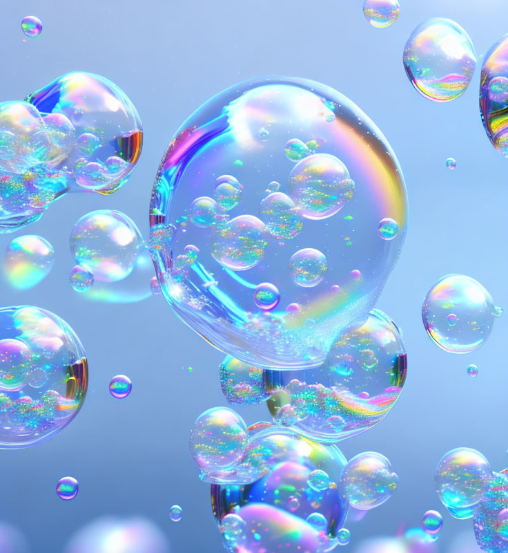 Colorful iridescent soap bubbles on soft blue background