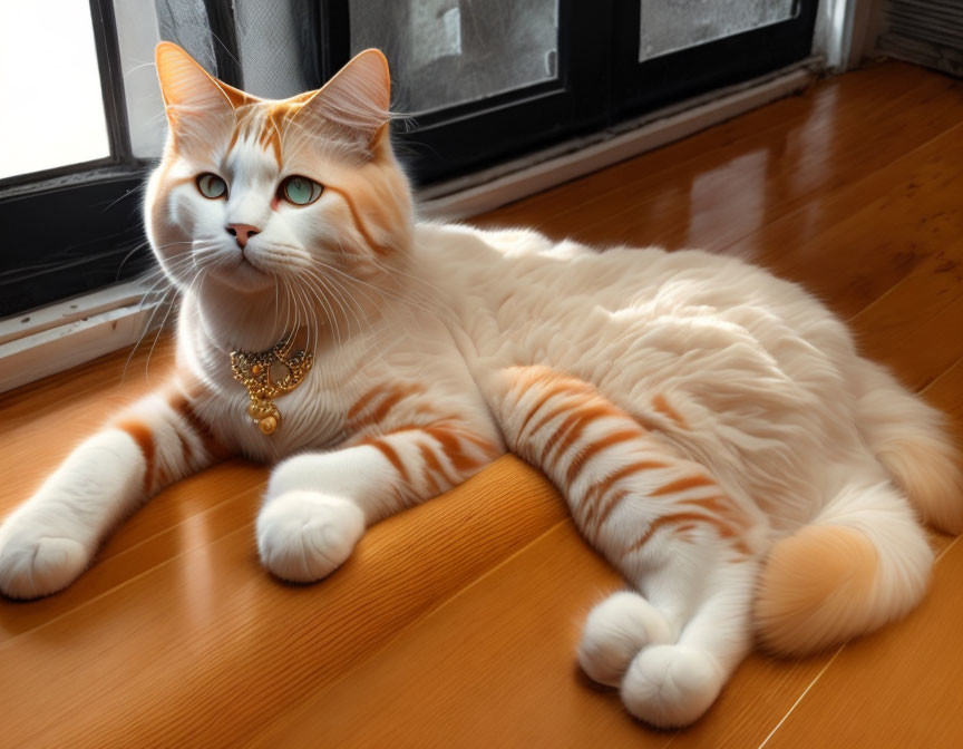 Orange and White Cat with Bell Collar Resting on Wooden Floor by Window