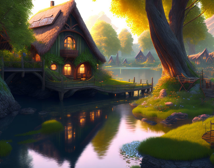 Thatched Roof Cottage by Serene River at Sunset