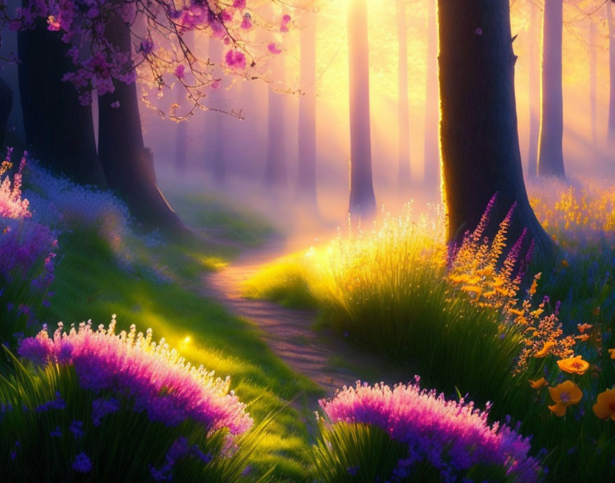 Misty forest with sunlight, purple and yellow flowers, blossoming trees