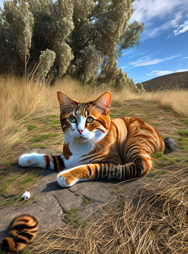 Orange Tabby Cat with Blue Eyes Resting on Trail with Trees and Blue Sky