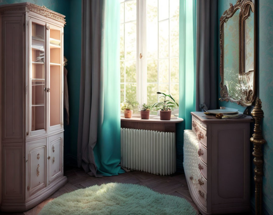 Pastel Vintage Bedroom Decor with Antique Furniture & Houseplants