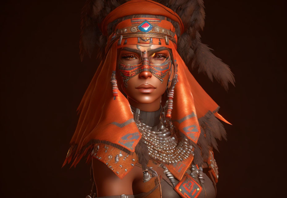 Digital portrait of woman in tribal warrior attire with feathered headdress and face paint on dark background