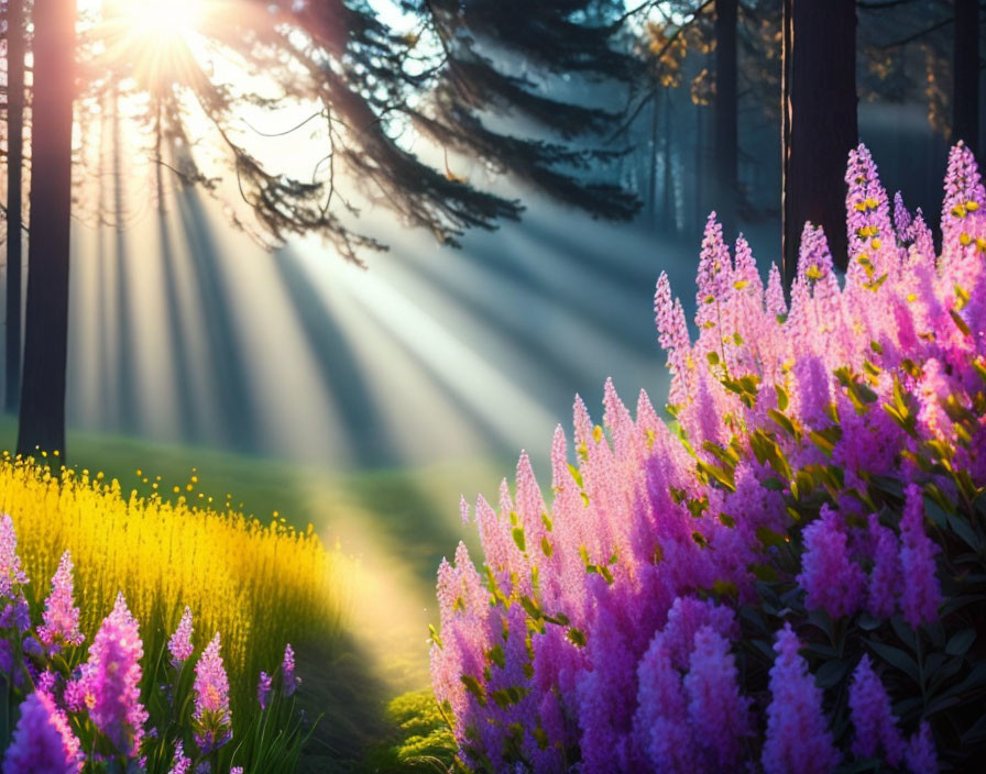 Sunbeams on vibrant wildflowers in a forest clearing at sunrise