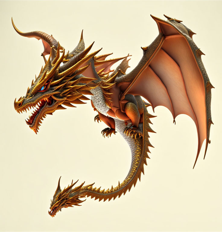 Detailed Golden-Horned Dragon with Expansive Wingspan