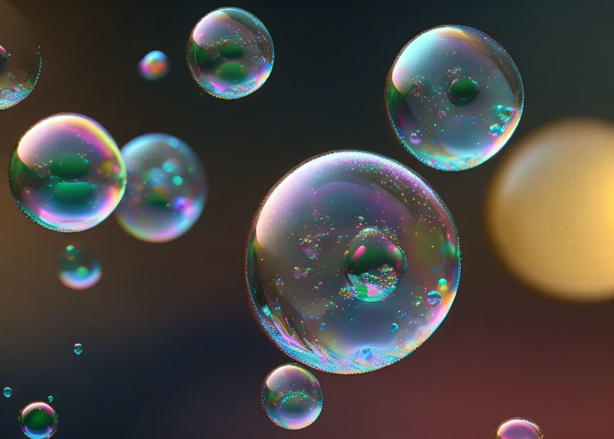 Colorful soap bubbles with iridescent reflections on dark background