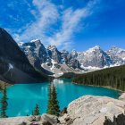 Snow-capped peaks mirrored in serene alpine lake