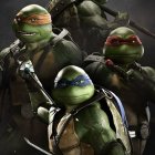 Three anthropomorphic turtles in colored bandanas and ninja gear with weapons in a confident pose