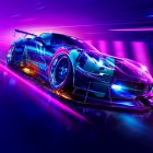 Futuristic car with reflective blue-purple paint, glowing wheels, and neon-lit tunnel.